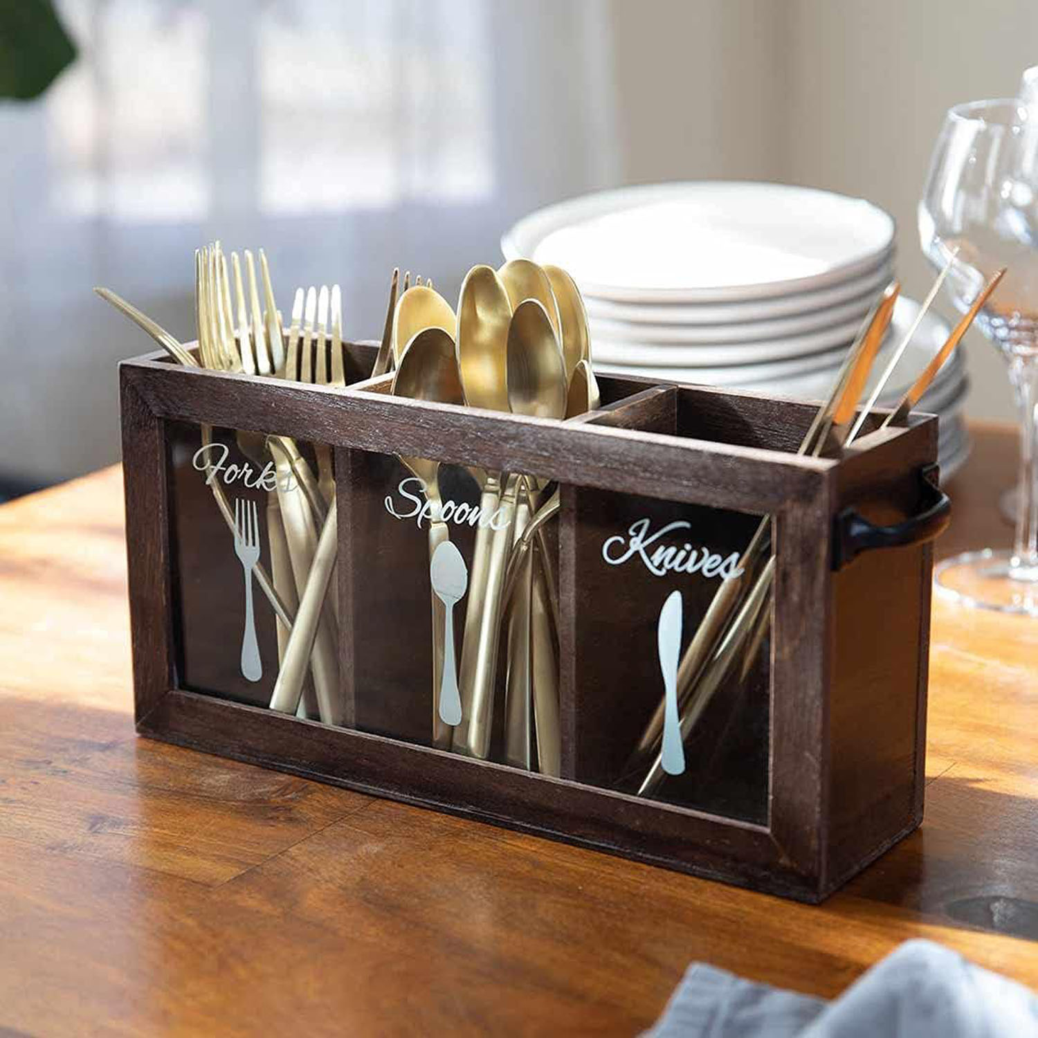 Wooden Silverware Caddy with Handle, Countertop Cutlery Organizer 12x3x6 Inch Brown - Image 3