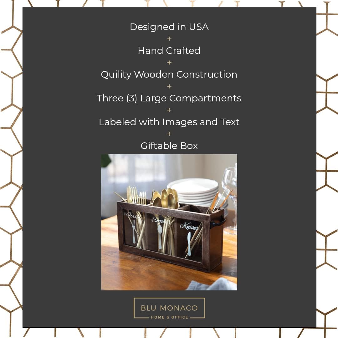 Wooden Silverware Caddy with Handle, Countertop Cutlery Organizer 12x3x6 Inch Brown - Image 4