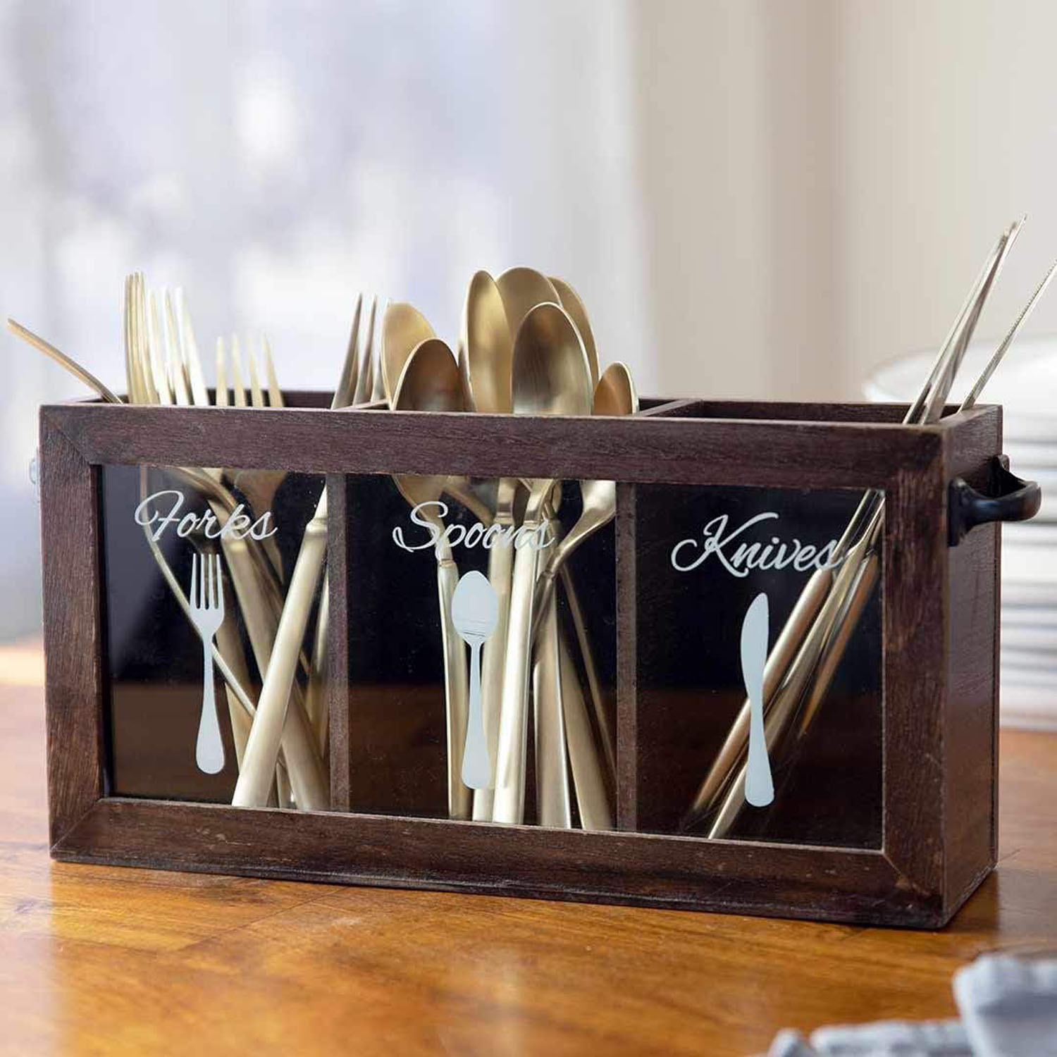 Wooden Silverware Caddy with Handle, Countertop Cutlery Organizer 12x3x6 Inch Brown - Image 5