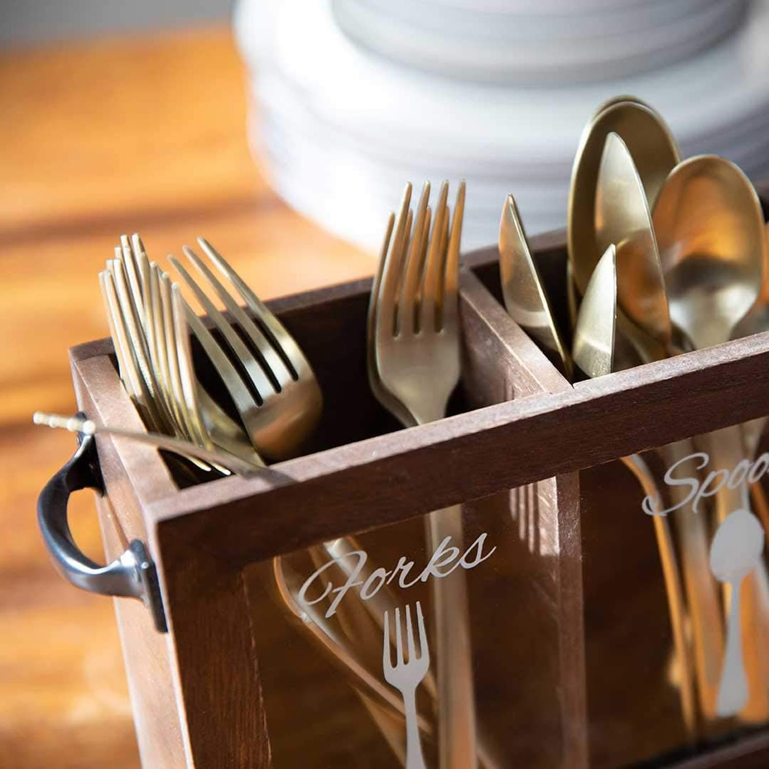 Wooden Silverware Caddy with Handle, Countertop Cutlery Organizer 12x3x6 Inch Brown - Image 6