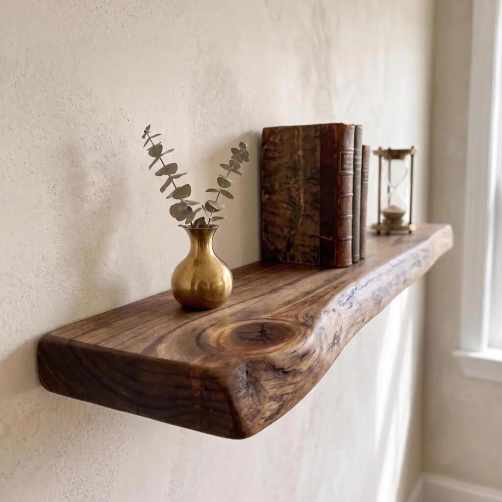 Rustic Floating Wall Shelf with Live Edge Wood & Sturdy Low Support Bracket – Farmhouse Wall Decor