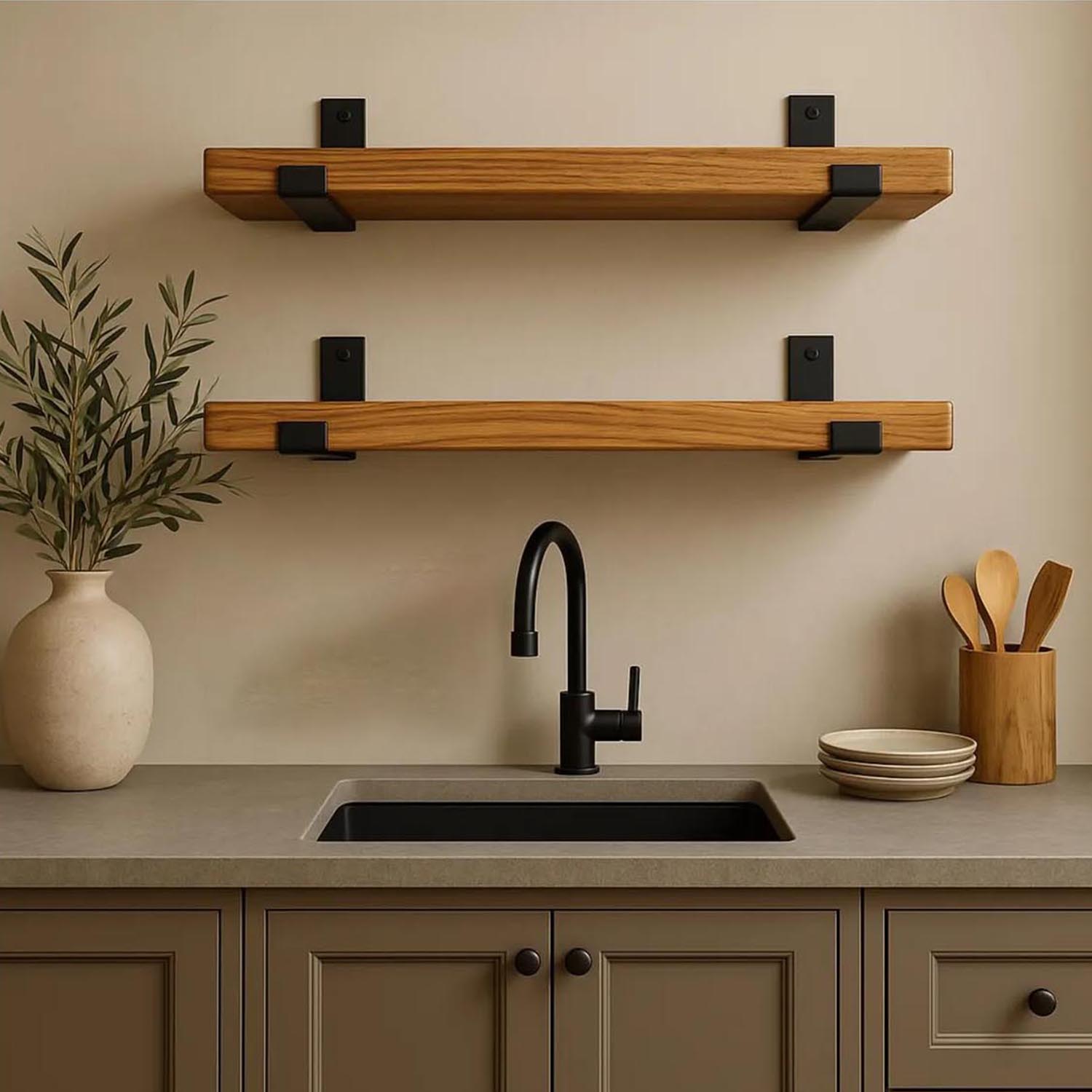 Set of 2 Rustic Floating Wall Shelves with Industrial Brackets – Modern Farmhouse Kitchen Wall Storage