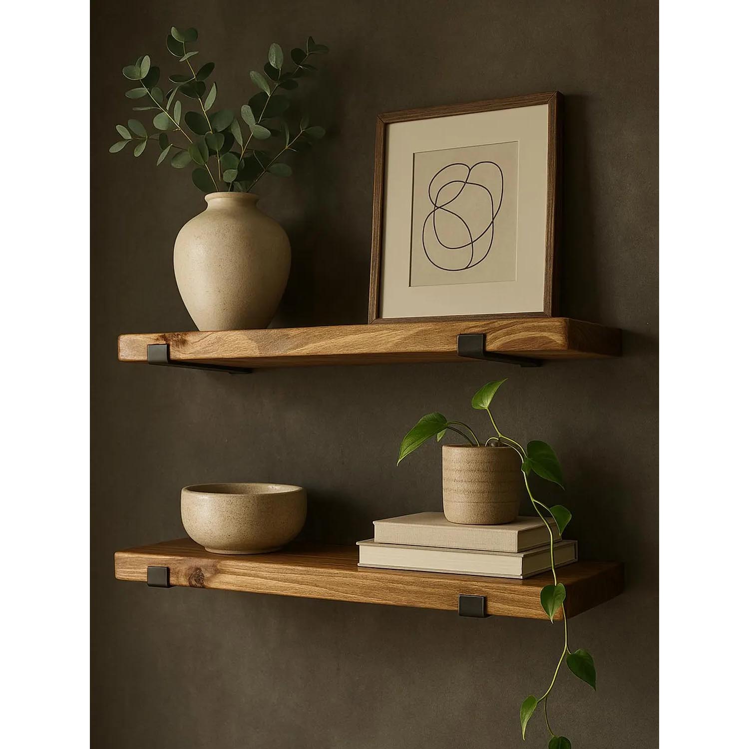 Set of 2 Rustic Floating Wall Shelves with Industrial Brackets – Modern Farmhouse Kitchen Wall Storage - Image 3