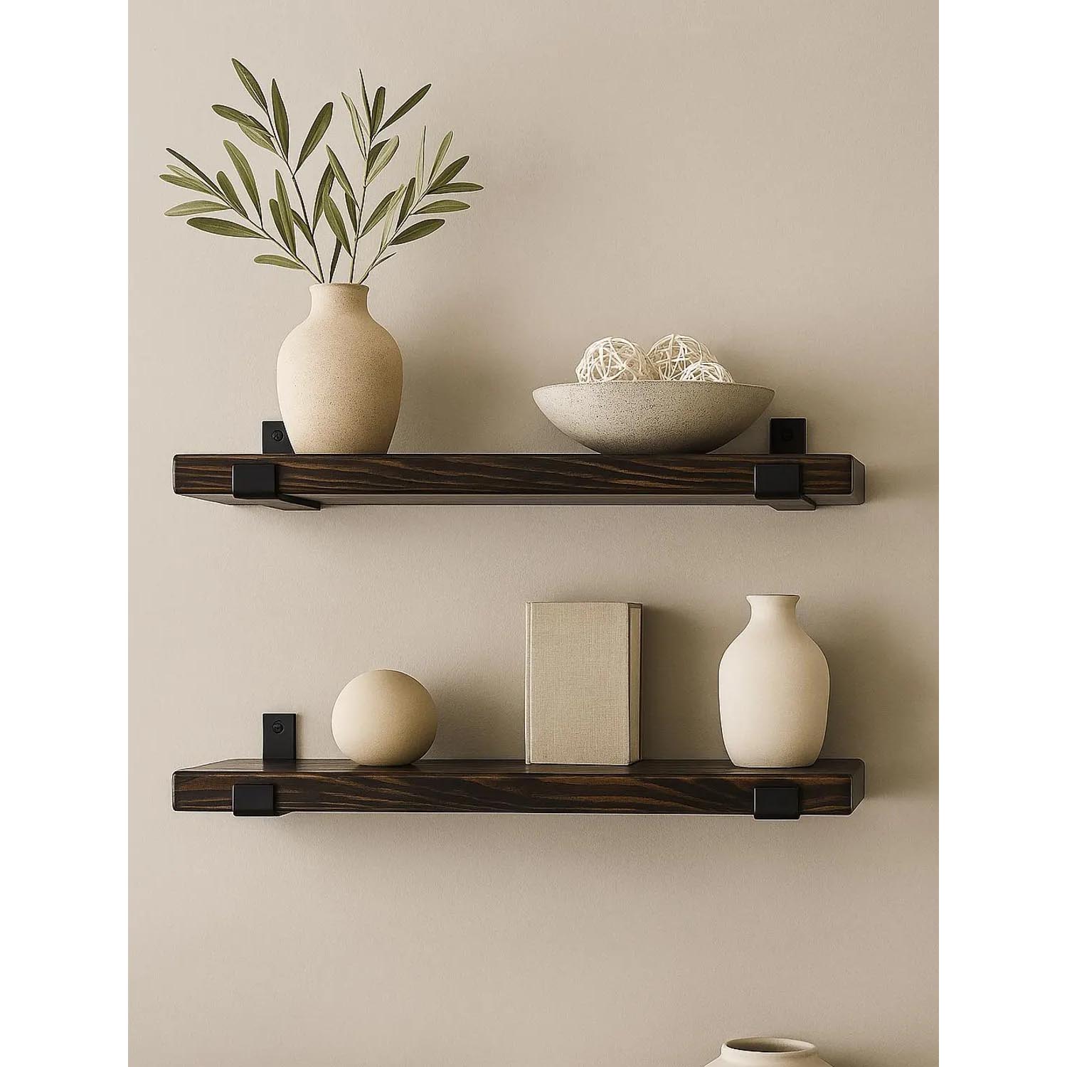 Set of 2 Rustic Floating Wall Shelves with Industrial Brackets – Modern Farmhouse Kitchen Wall Storage - Image 4