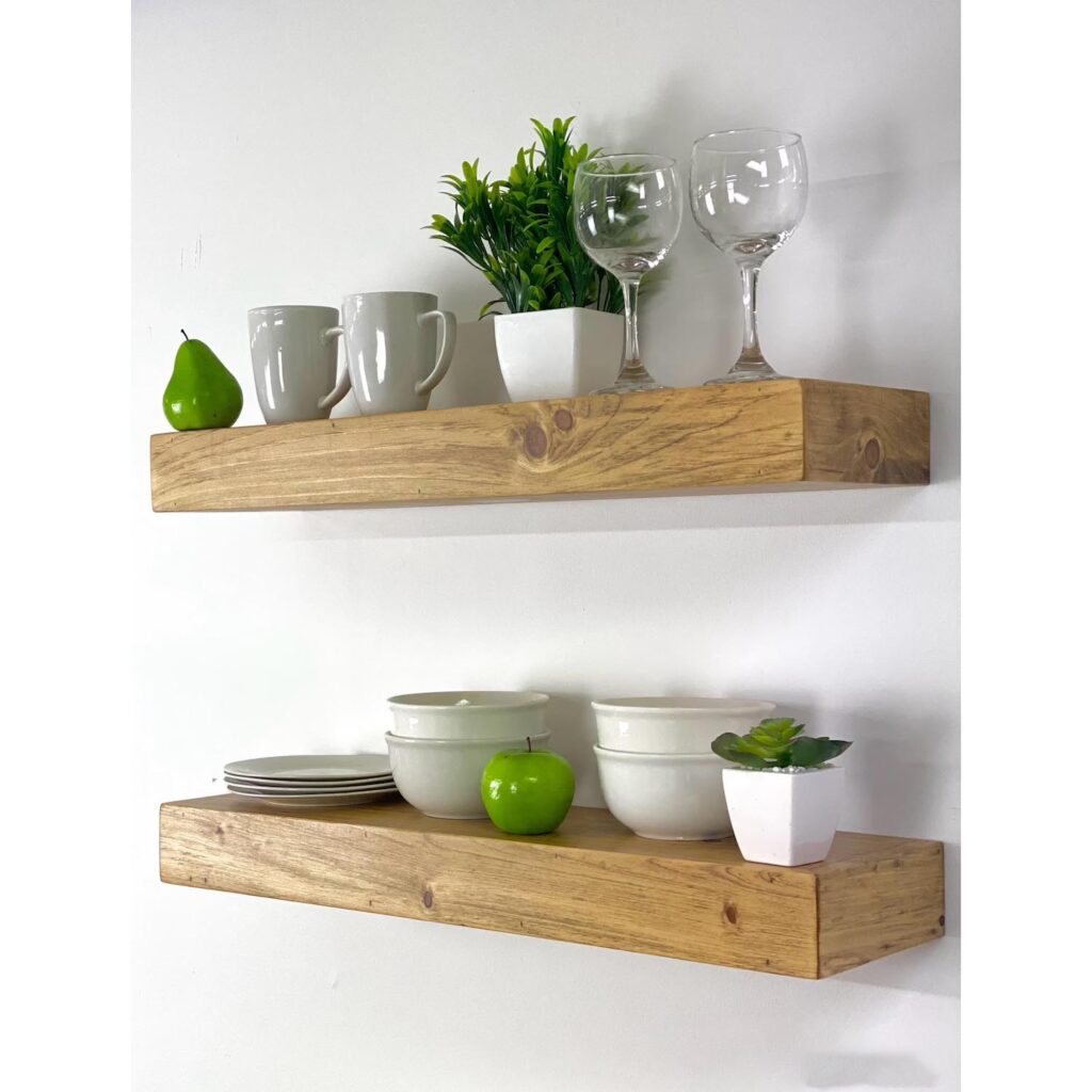 Set of 2 Vintage Wooden Floating Wall Shelves – Floating Wall Mounted Shelving Set for Home Wall Decor & Storage