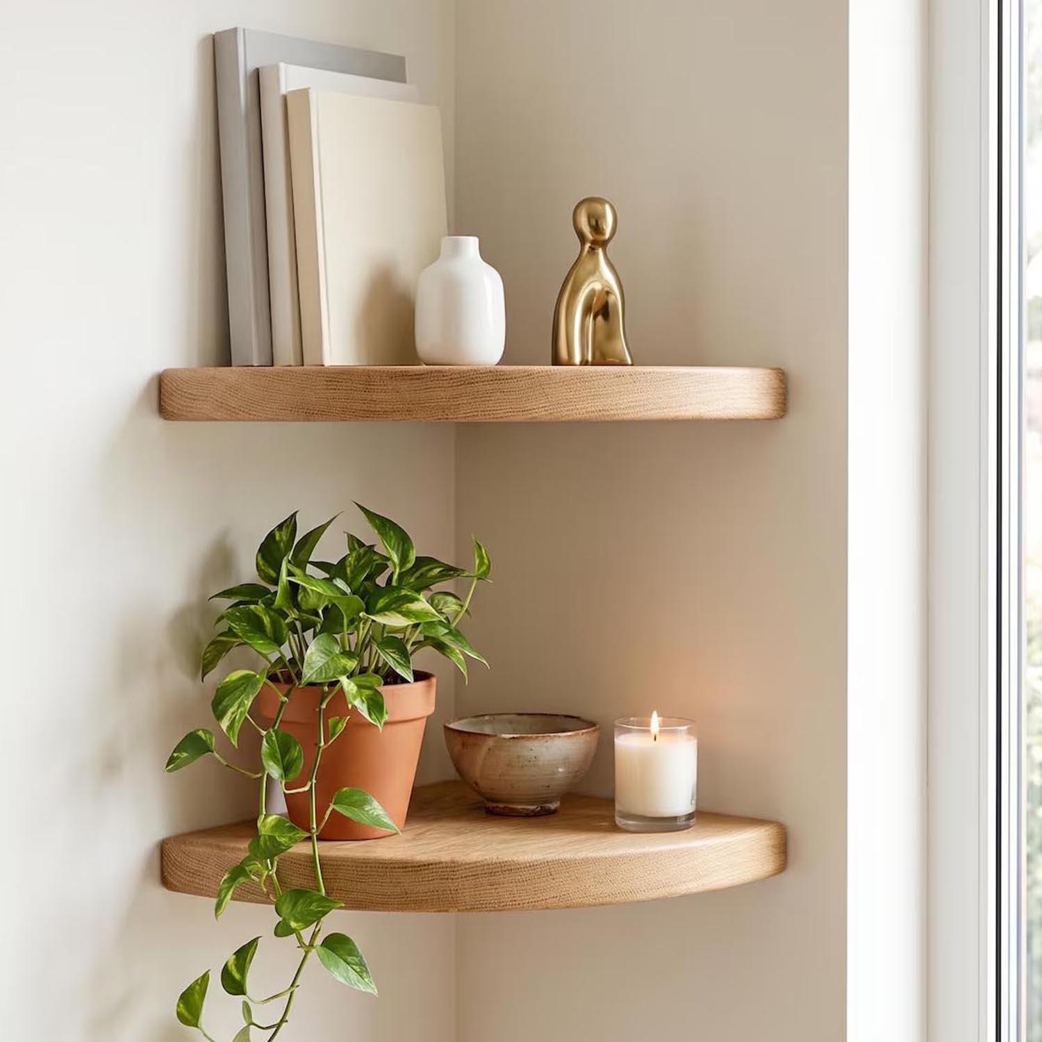 Corner Floating Wall Shelf – Natural Solid Oak Wall Mount Shelf with Hidden Bracket & Hand-Rounded Edge Ledge for Plants & Decor - Image 2