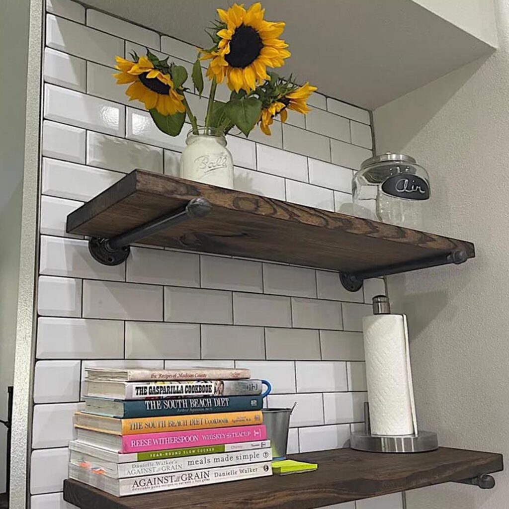Farmhouse Floating Wall Shelf with Industrial Pipe Brackets – Rustic Wooden Wall Plant Display Rack