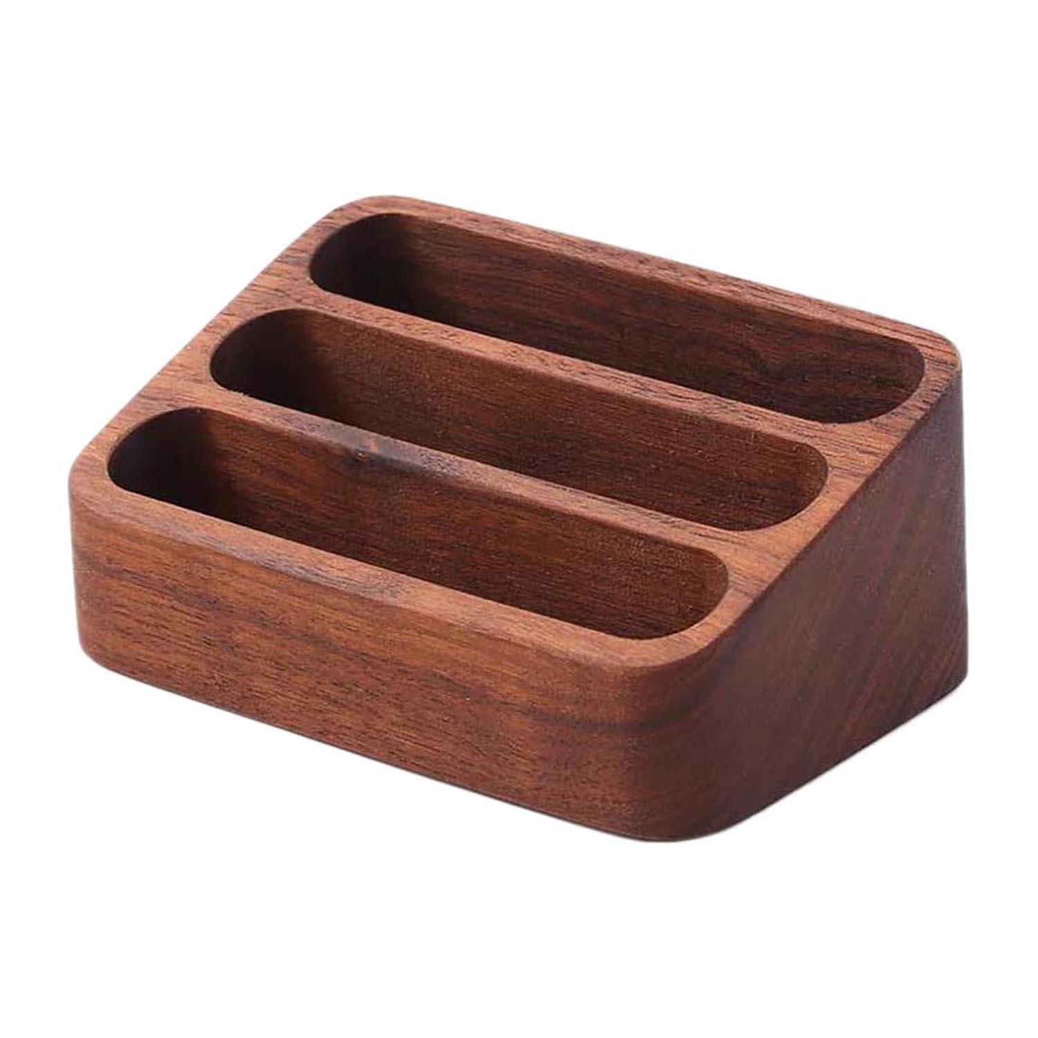 Wooden Business Card Holder for Desk, 3 Card Slots Business Card Display Holder Stand