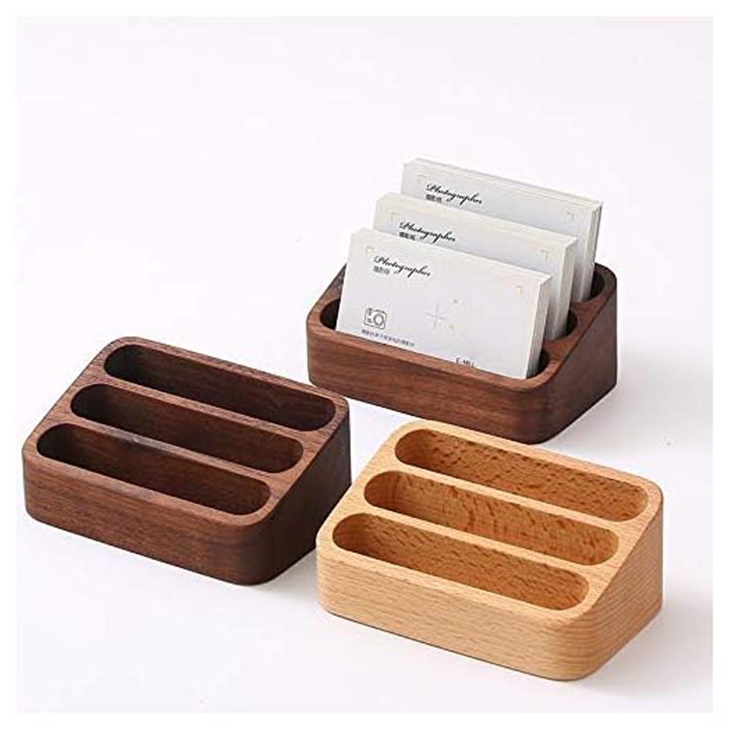 Wooden Business Card Holder for Desk, 3 Card Slots Business Card Display Holder Stand - Image 2