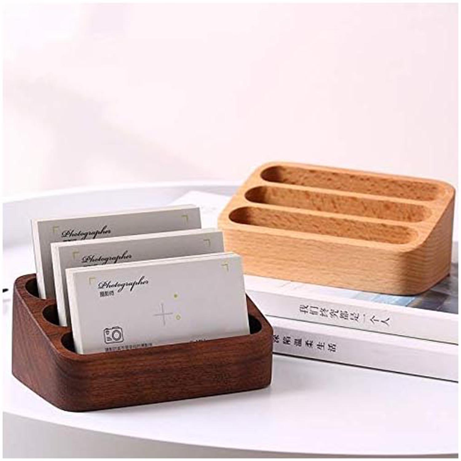 Wooden Business Card Holder for Desk, 3 Card Slots Business Card Display Holder Stand - Image 3