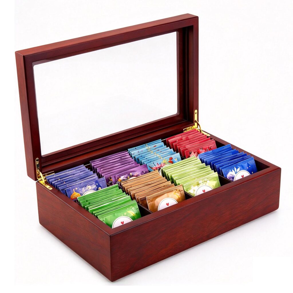 Bamboo Tea Box with Multi Compartments – Desktop Tea Bag Storage Box & Tea Bag Organizer