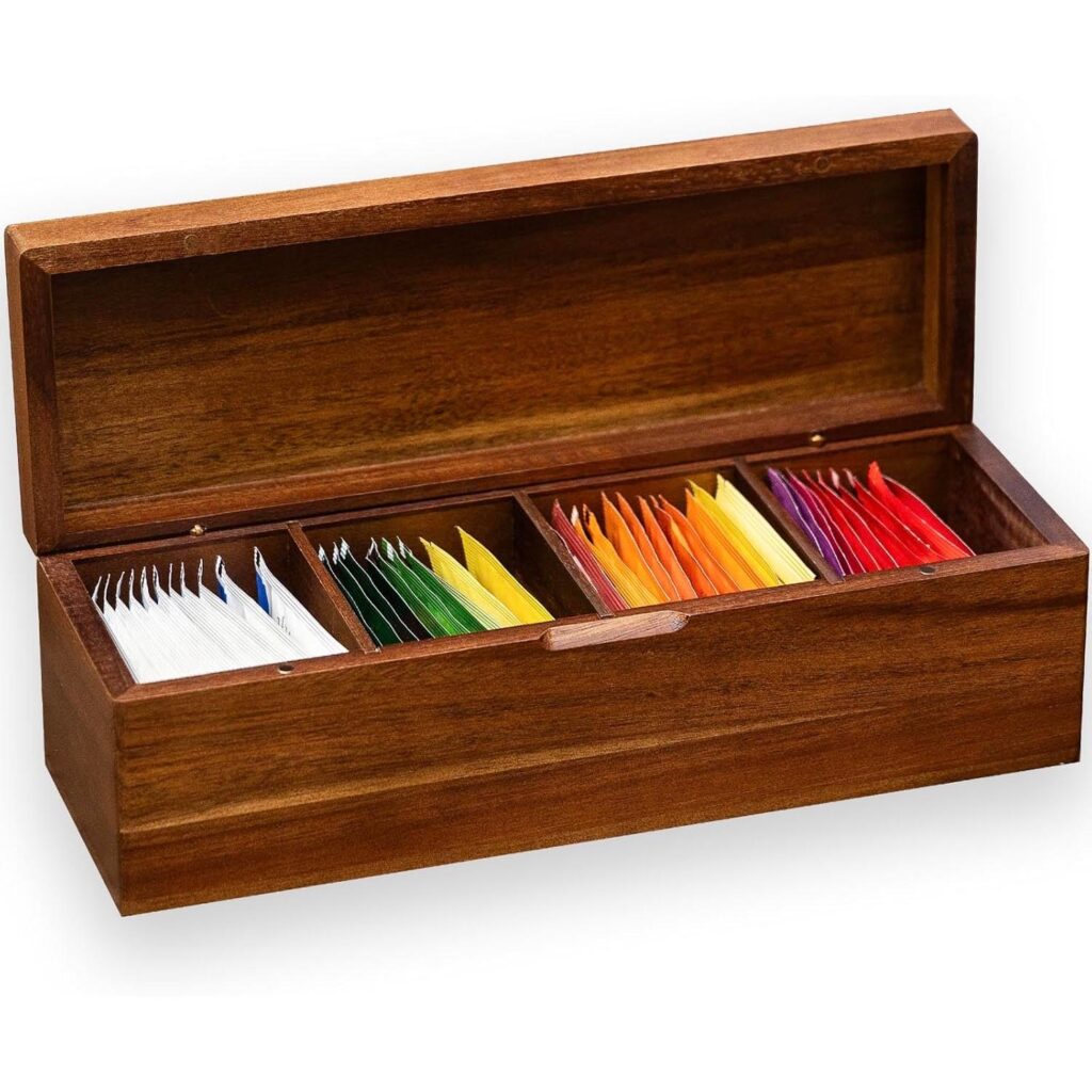 Acacia Wood Tea Bag Storage Box – 4-Compartment Tea Holder & Desktop Tea Display Stand