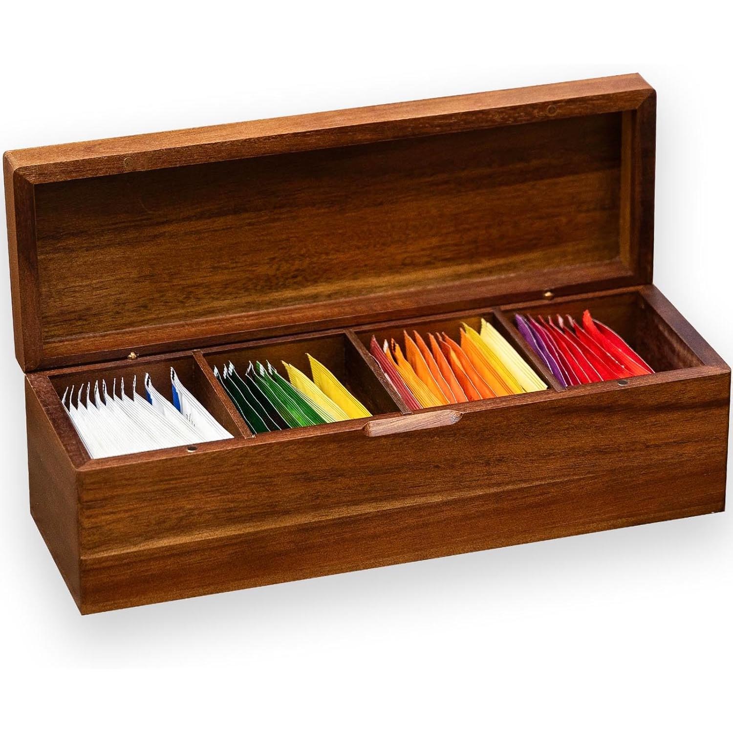 Acacia Wood Tea Bag Storage Box – 4-Compartment Tea Holder & Desktop Tea Display Stand