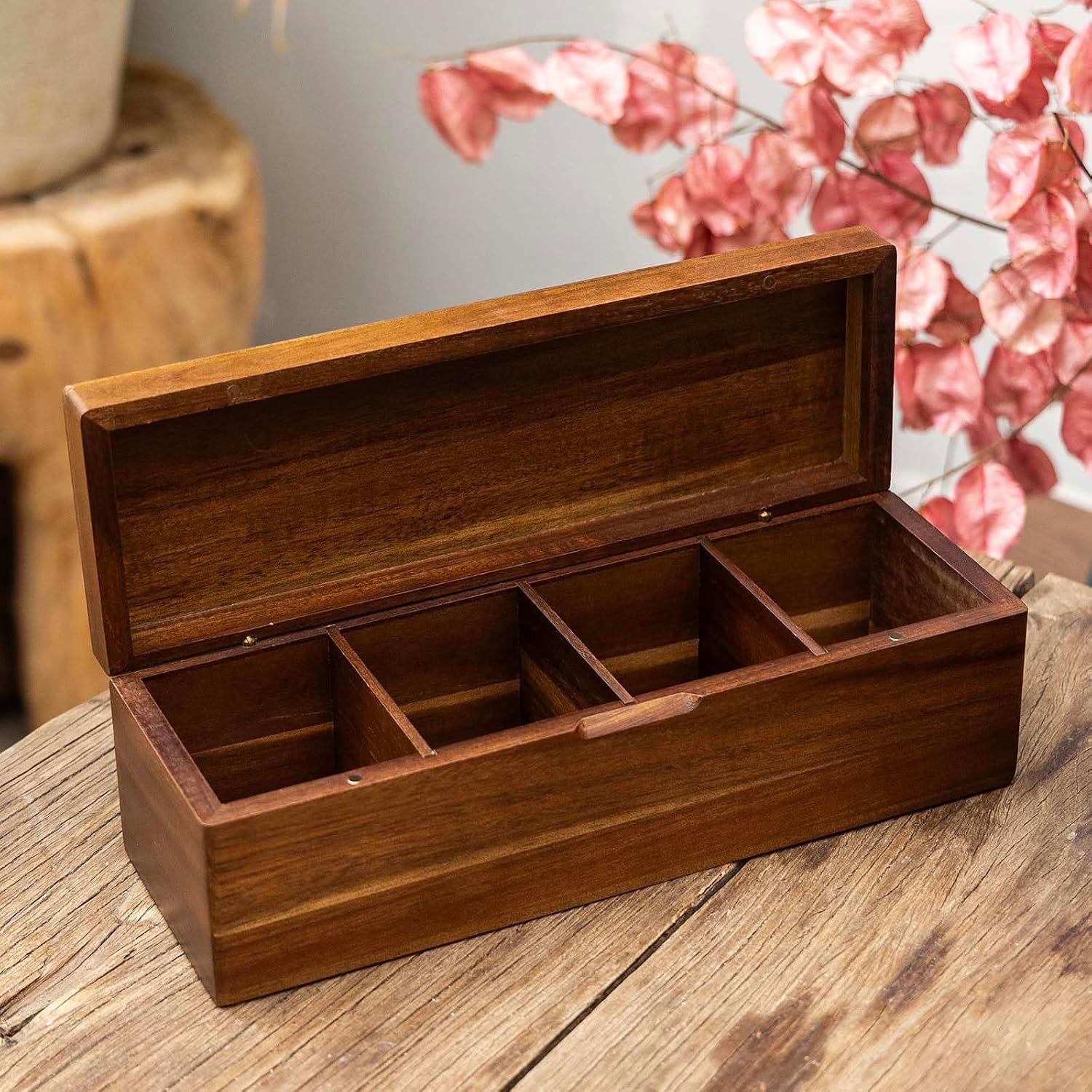 Acacia Wood Tea Bag Storage Box – 4-Compartment Tea Holder & Desktop Tea Display Stand - Image 2