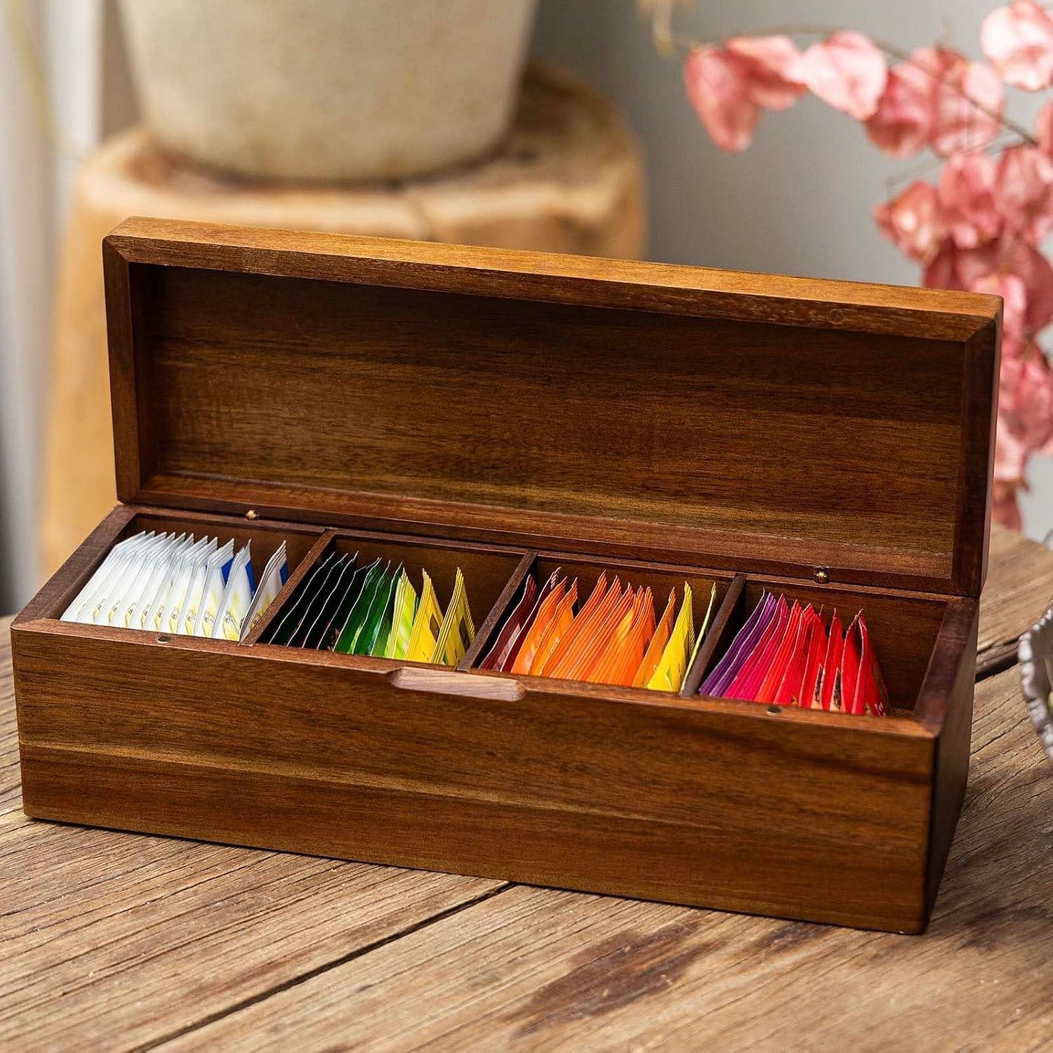 Acacia Wood Tea Bag Storage Box – 4-Compartment Tea Holder & Desktop Tea Display Stand - Image 3