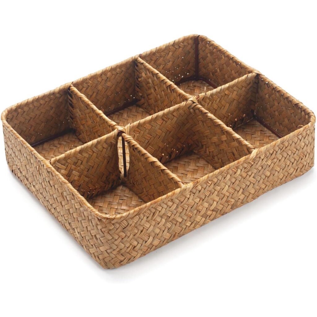 Seaweed Woven Divided Storage Basket – Tea Bag & Sugar Packet Holder, Coffee Station & Condiment Organizer for Drawer, Shelf & Countertop