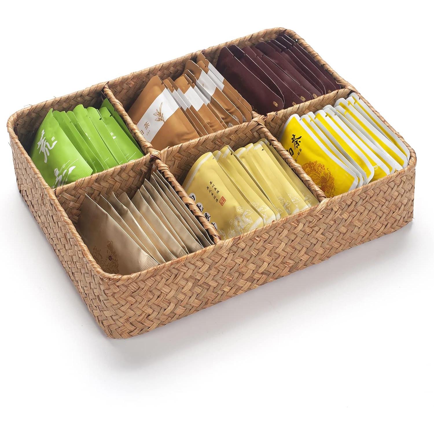 Seaweed Woven Divided Storage Basket – Tea Bag & Sugar Packet Holder, Coffee Station & Condiment Organizer for Drawer, Shelf & Countertop - Image 4