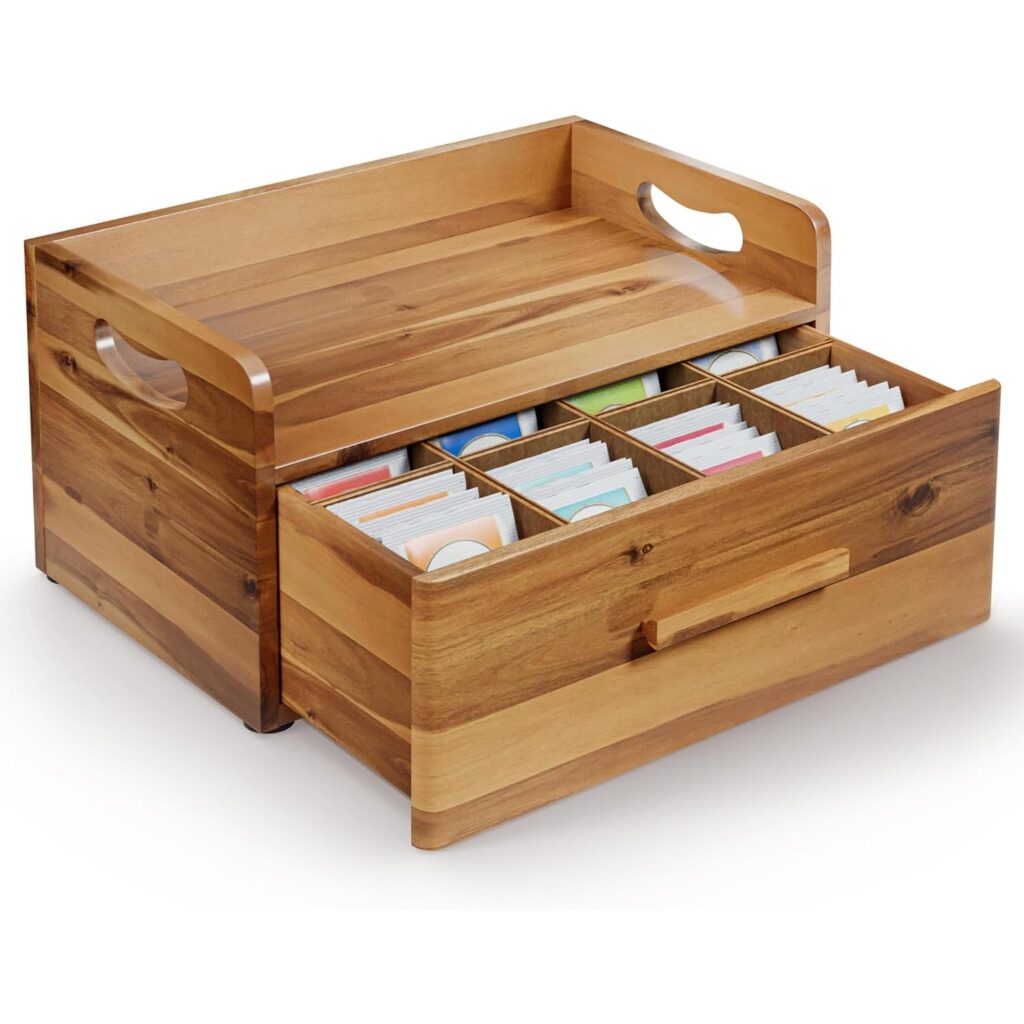 Acacia Wood Tea Storage Box with Drawer – Solid Wood Tea & Coffee Holder, Desktop Organizer