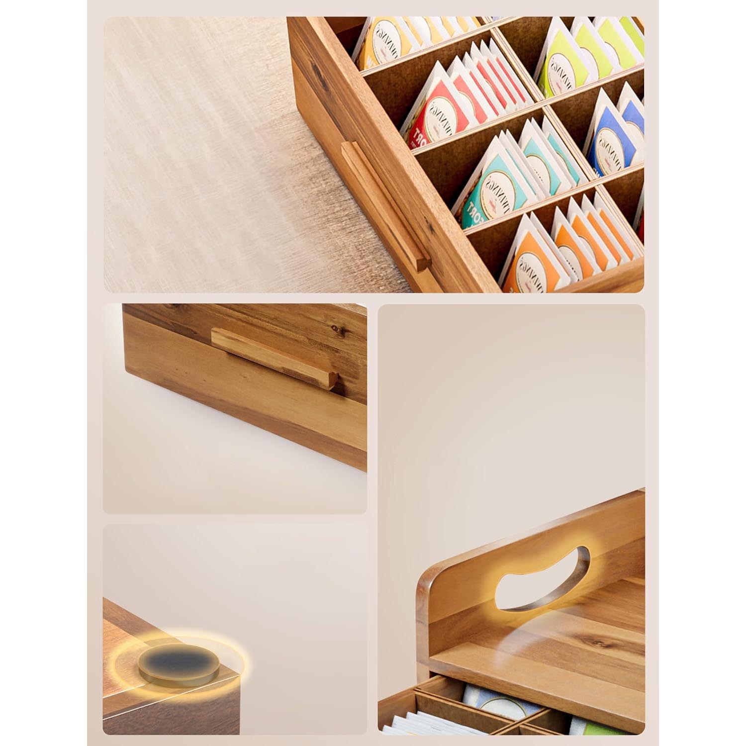 Acacia Wood Tea Storage Box with Drawer – Solid Wood Tea & Coffee Holder, Desktop Organizer - Image 2