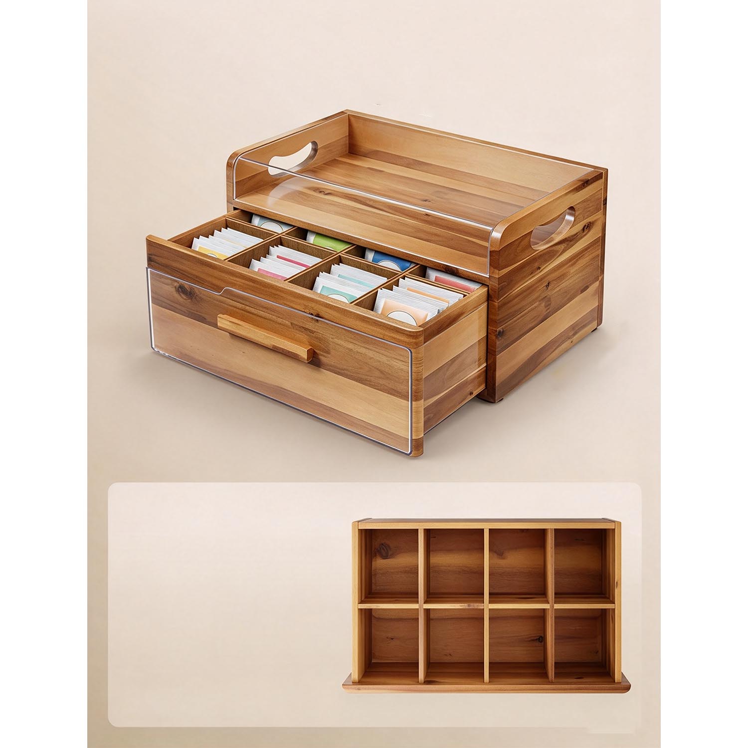 Acacia Wood Tea Storage Box with Drawer – Solid Wood Tea & Coffee Holder, Desktop Organizer - Image 3