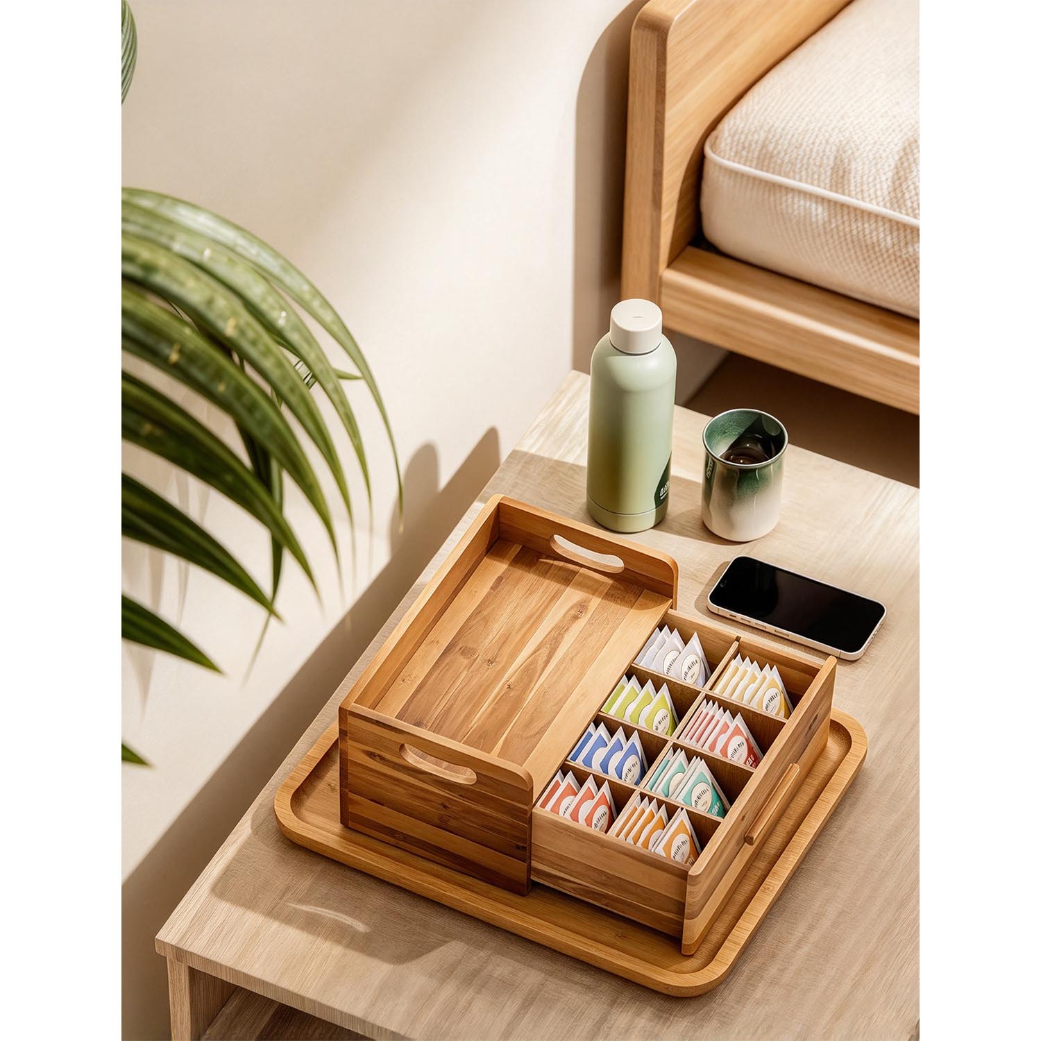 Acacia Wood Tea Storage Box with Drawer – Solid Wood Tea & Coffee Holder, Desktop Organizer - Image 4
