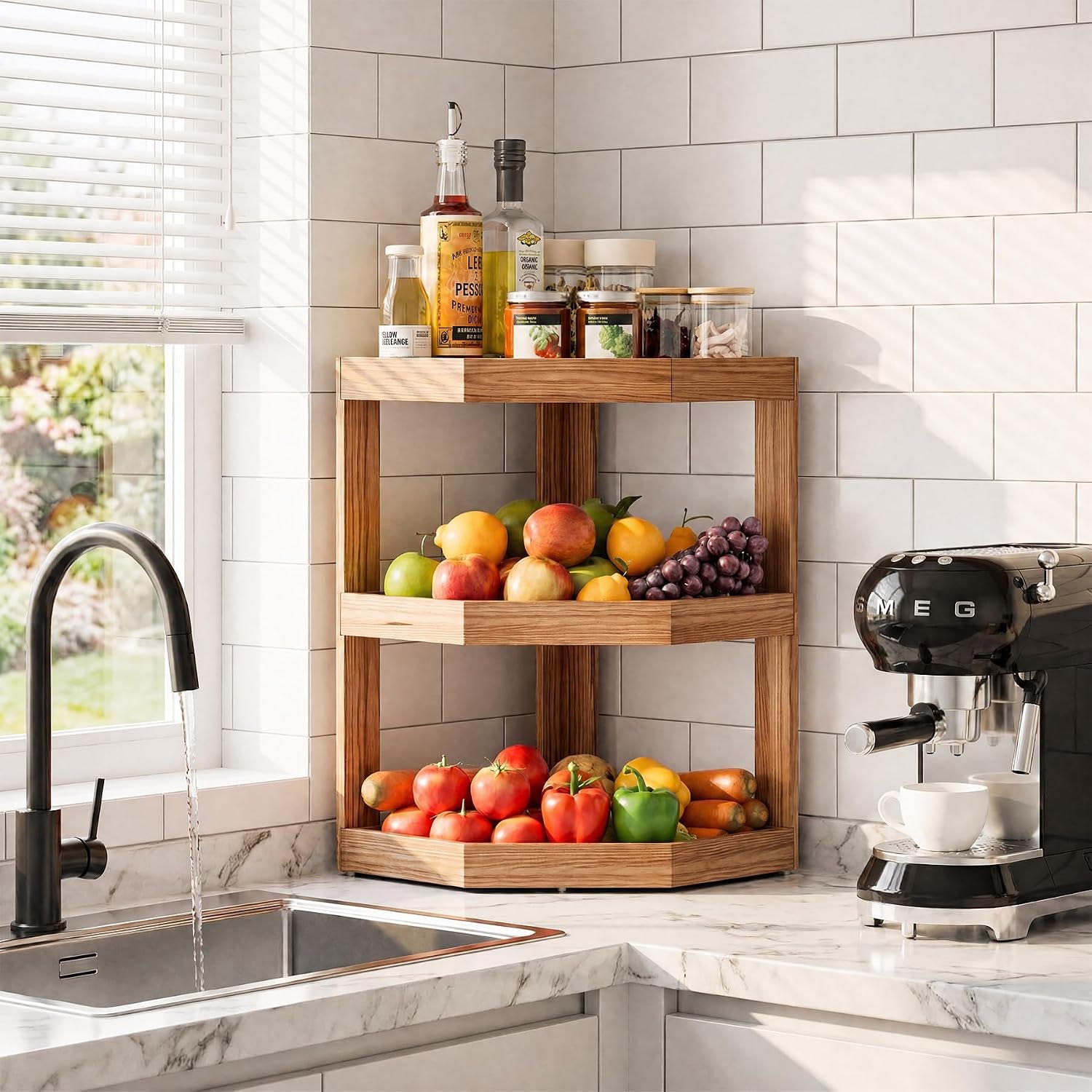 3-Tier Wooden Corner Shelf – Large Capacity Kitchen Counter Organizer - Image 3