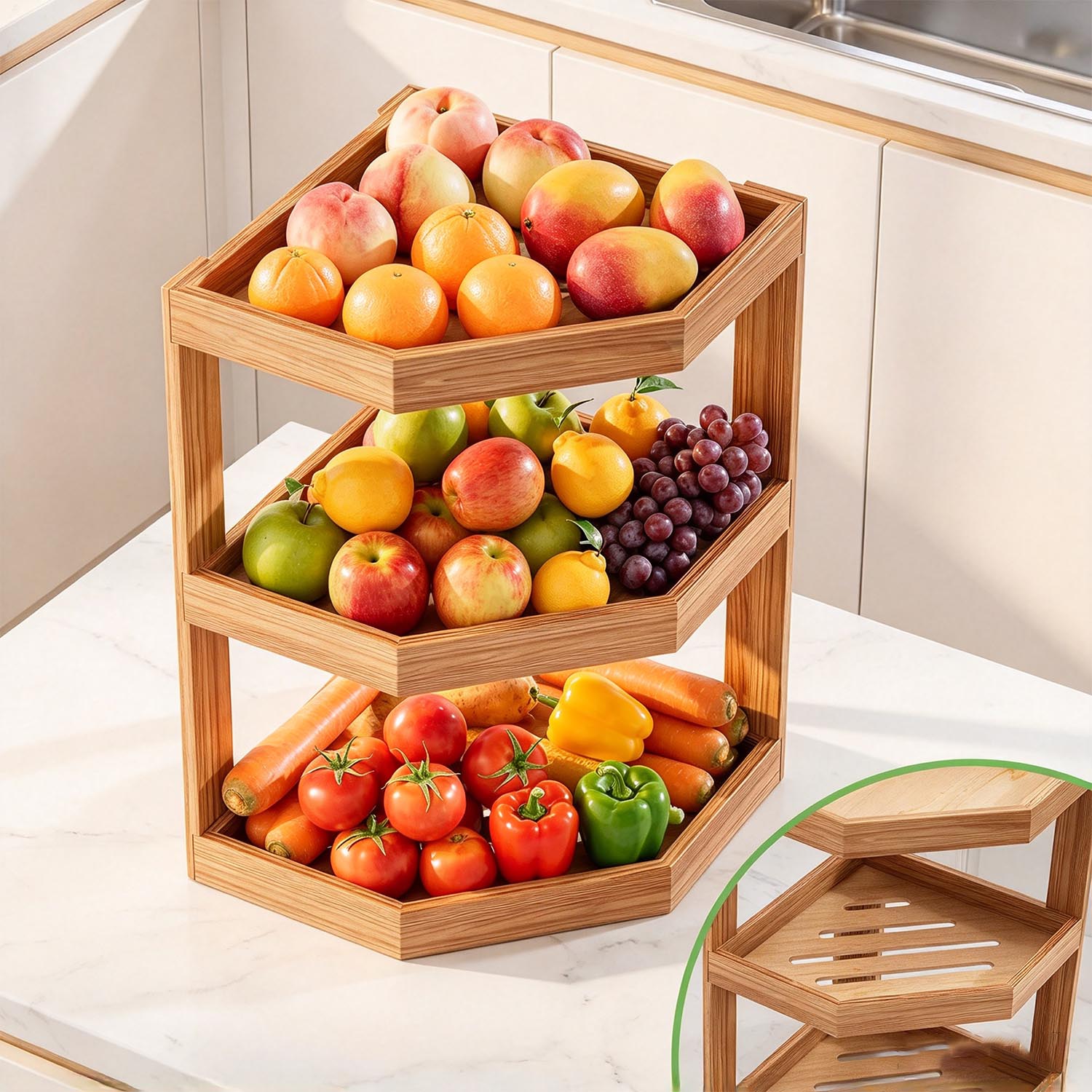 3-Tier Wooden Corner Shelf – Large Capacity Kitchen Counter Organizer - Image 4