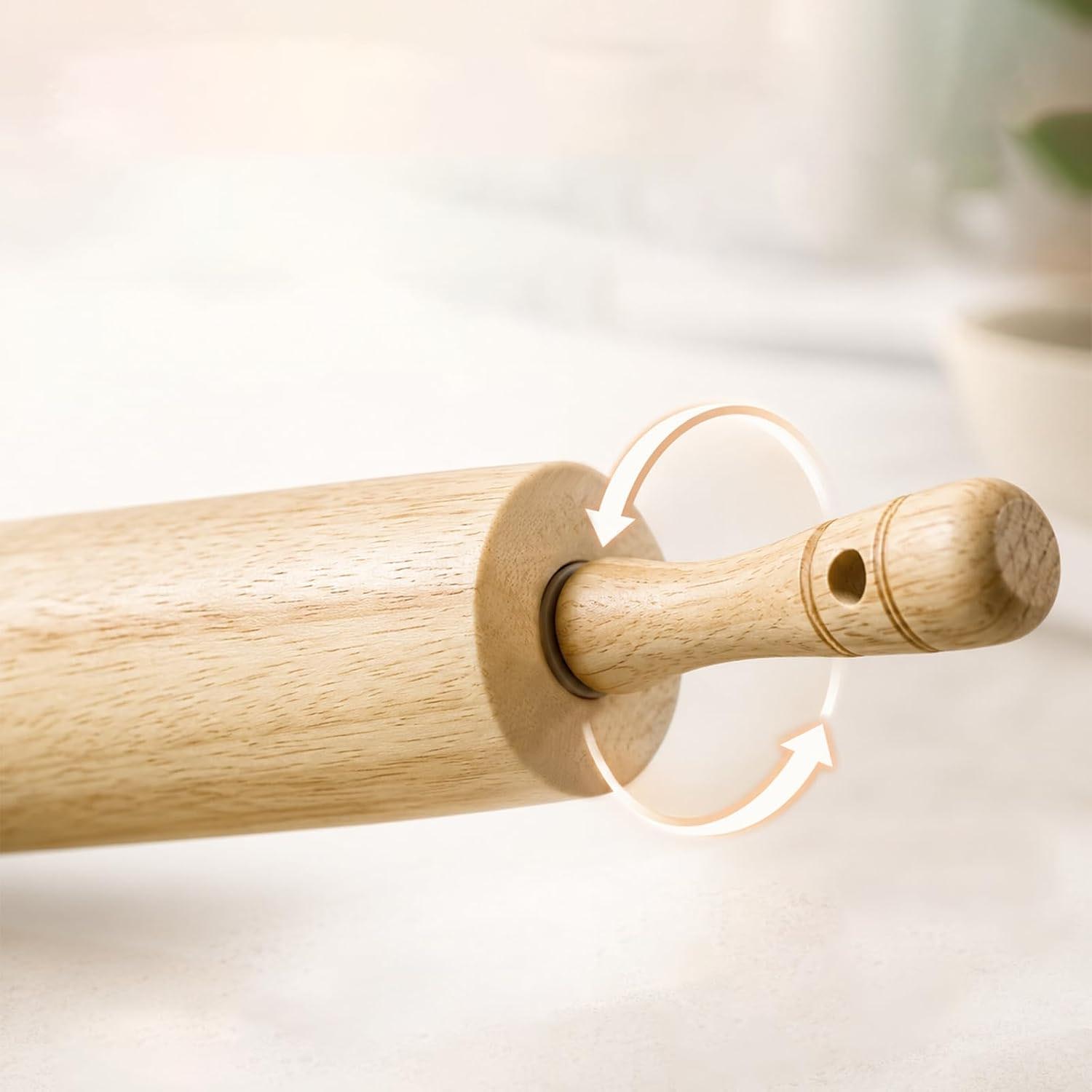 Natural Rubber Wood Rolling Pin with Handles – Kitchen Baking Essential for Pizza, Cookies & Flatbread - Image 3