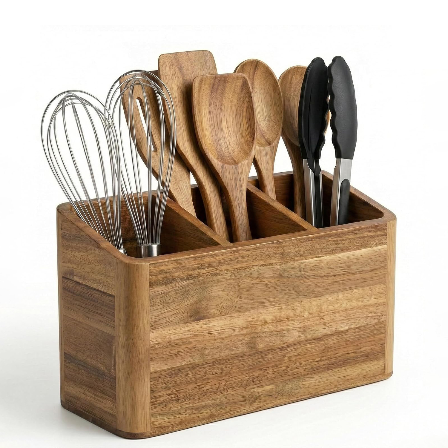 Acacia Wood Utensil Holder for Kitchen Counter, Large Countertop Utensil Organizer for Spatulas & Spoons, Rustic Kitchen Storage Caddy - Image 2