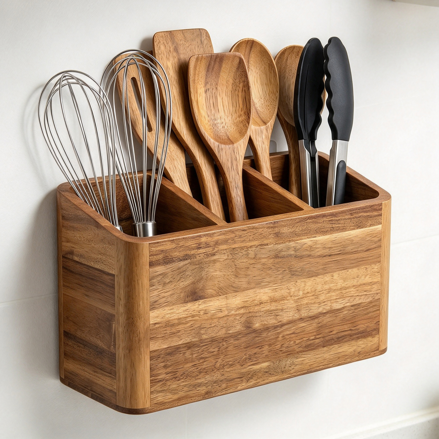 Acacia Wood Utensil Holder for Kitchen Counter, Large Countertop Utensil Organizer for Spatulas & Spoons, Rustic Kitchen Storage Caddy - Image 5
