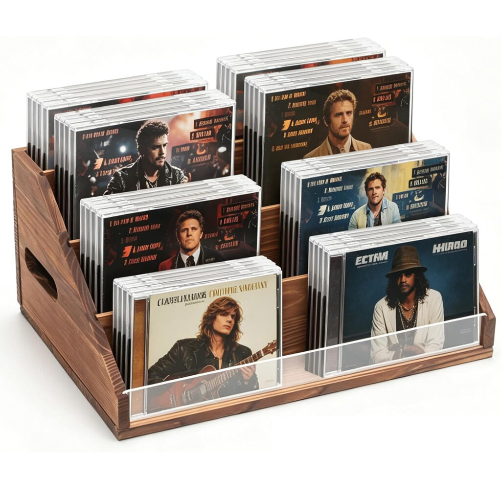 Wooden CD Display Storage Rack, Rustic Tabletop CD Tower Stand for Music Collection, Desktop Organizer for Home & Office
