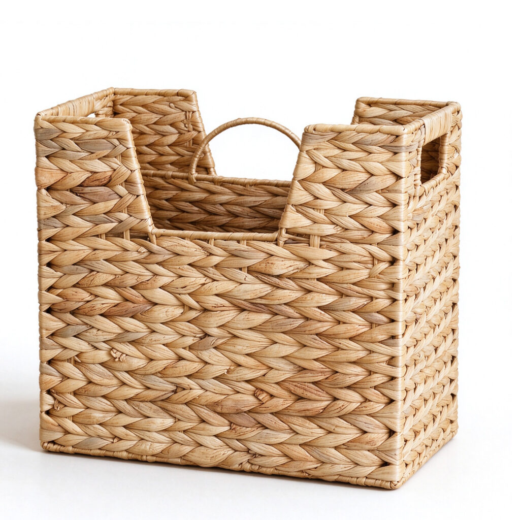 Water Hyacinth Magazine Basket with Handle, Handwoven Wicker Storage Holder for Books & Files, Rustic Home & Office Organizer