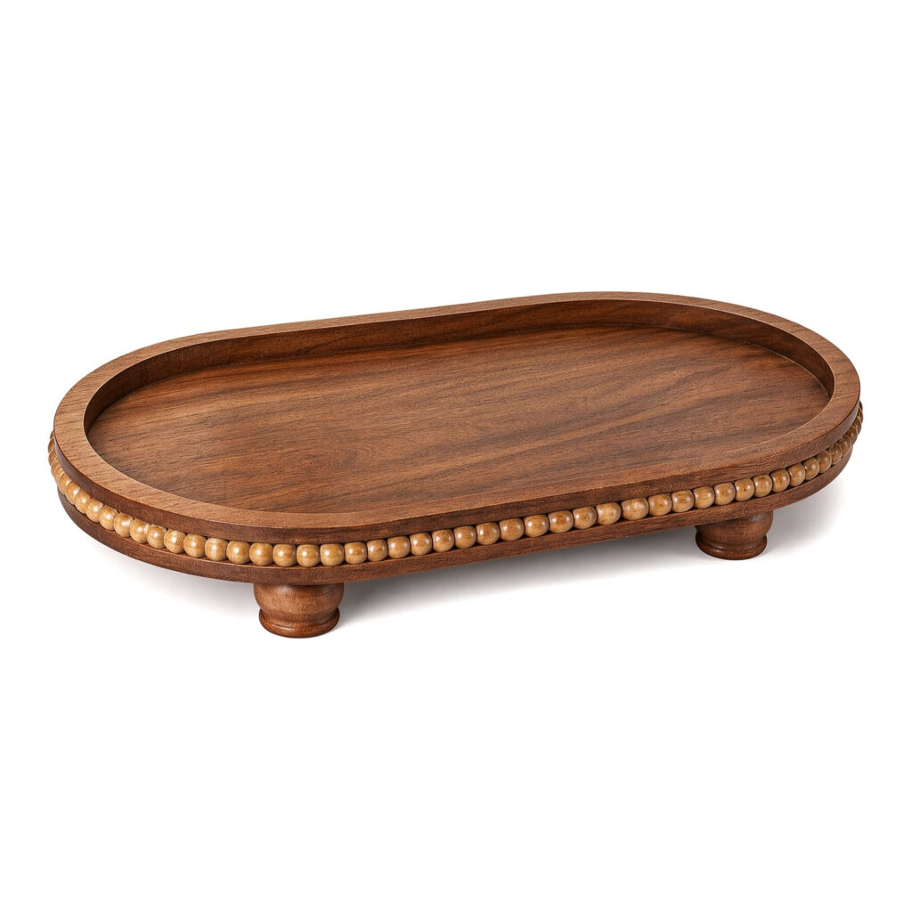 Wood Oval Decorative Tray with Beaded Edge for Kitchen Decor Oval Coffee Table Tray Farmhouse Style Entryway Table Centerpiece Holder