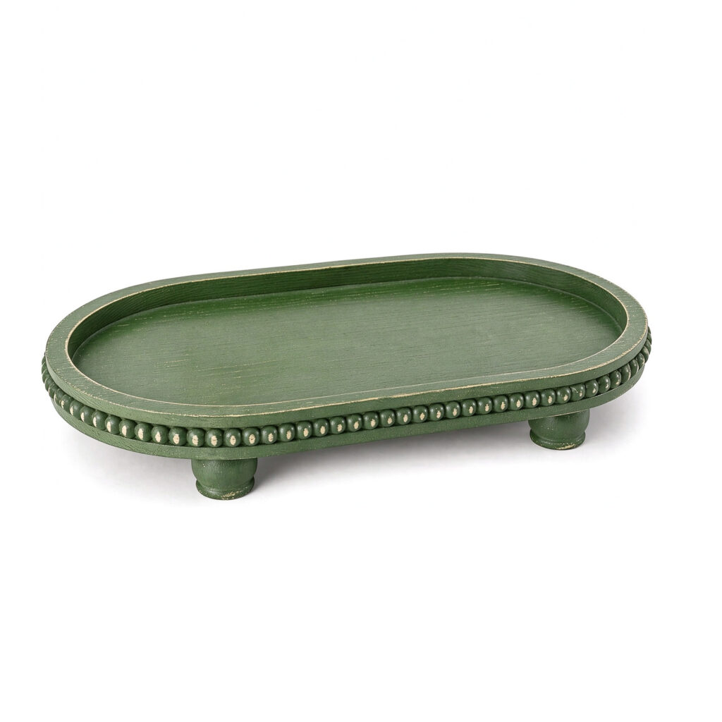 Farmhouse Serving Tray Oval Decorative Tray for Coffee Table Wood Beaded Tray with Legs Kitchen Decor Wood Display Riser