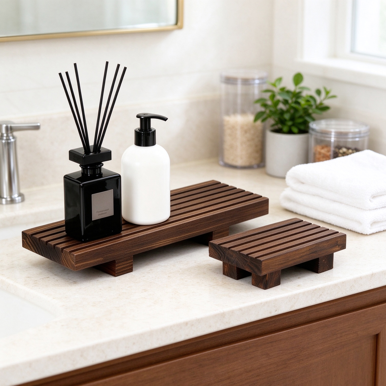 Farmhouse Wooden Risers Wood Bathroom Tray Kitchen Counter Riser for Display Wood Pedestal Stand Set of 39 - Image 3