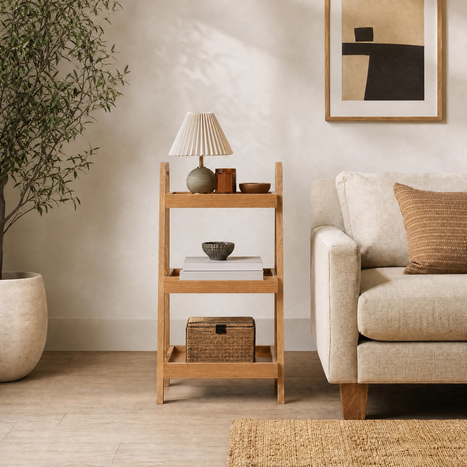 3-Tier Oak Wood Standing Ladder Bookshelf - Solid Wood Freestanding Storage Rack for Small Spaces, Modern Open Shelving Organizer for Living Room, Bedroom & Home Office - Image 2
