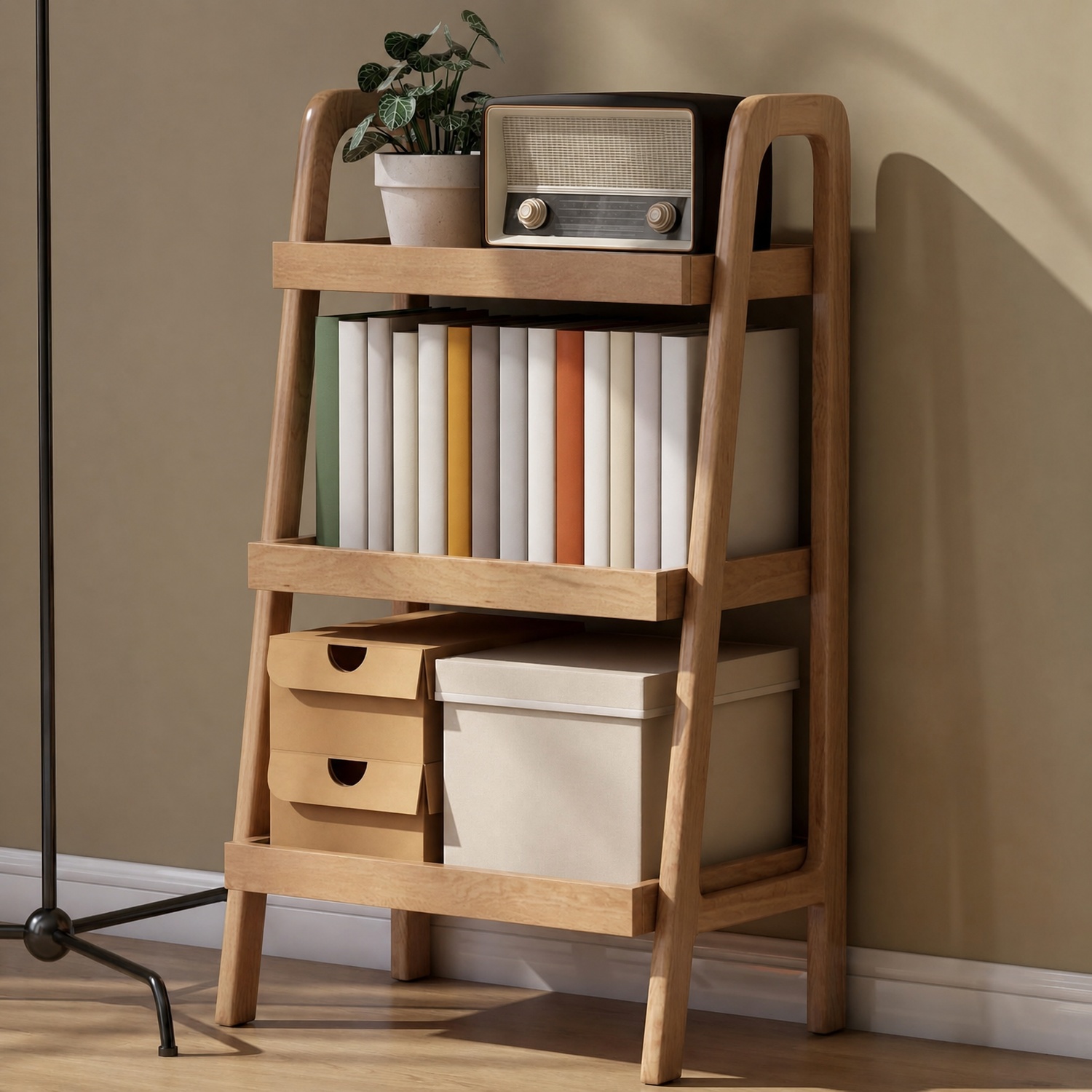 3-Tier Oak Wood Standing Ladder Bookshelf - Solid Wood Freestanding Storage Rack for Small Spaces, Modern Open Shelving Organizer for Living Room, Bedroom & Home Office - Image 5