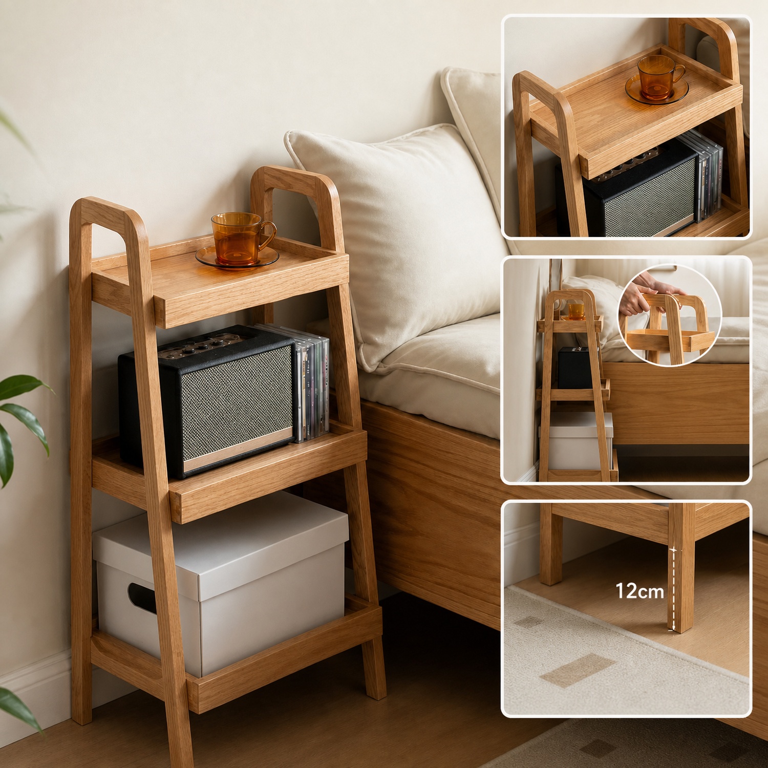 3-Tier Oak Wood Standing Ladder Bookshelf - Solid Wood Freestanding Storage Rack for Small Spaces, Modern Open Shelving Organizer for Living Room, Bedroom & Home Office - Image 6