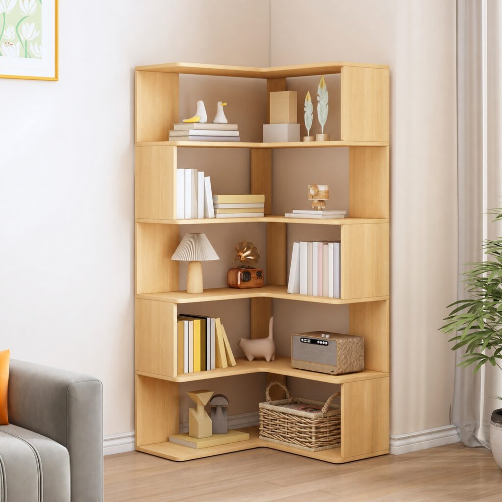 Modern L-Shaped Corner Bookshelf 66" Tall - Oak Finish Standing Bookcase, Multifunction Storage Organizer for Living Room, Bedroom & Home Office
