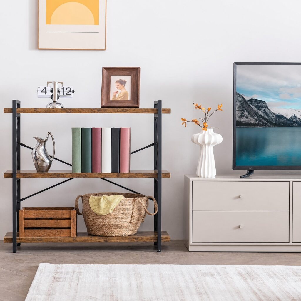 5-Tier Industrial Wood Bookshelf 35" W x 12" D x 35" H - Modern Freestanding Display Shelf, Heavy-Duty Storage Organizer for Living Room, Bedroom & Home Office, Rustic Brown