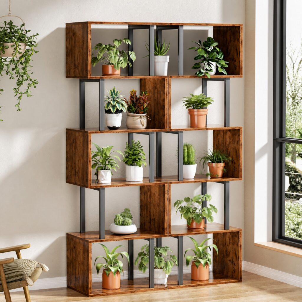 5-Tier Modern S-Shaped Geometric Bookshelf - Foldable Wooden Multifunction Storage Rack, Freestanding Space-Saving Organizer for Living Room, Bedroom & Home Office, Oak Finish