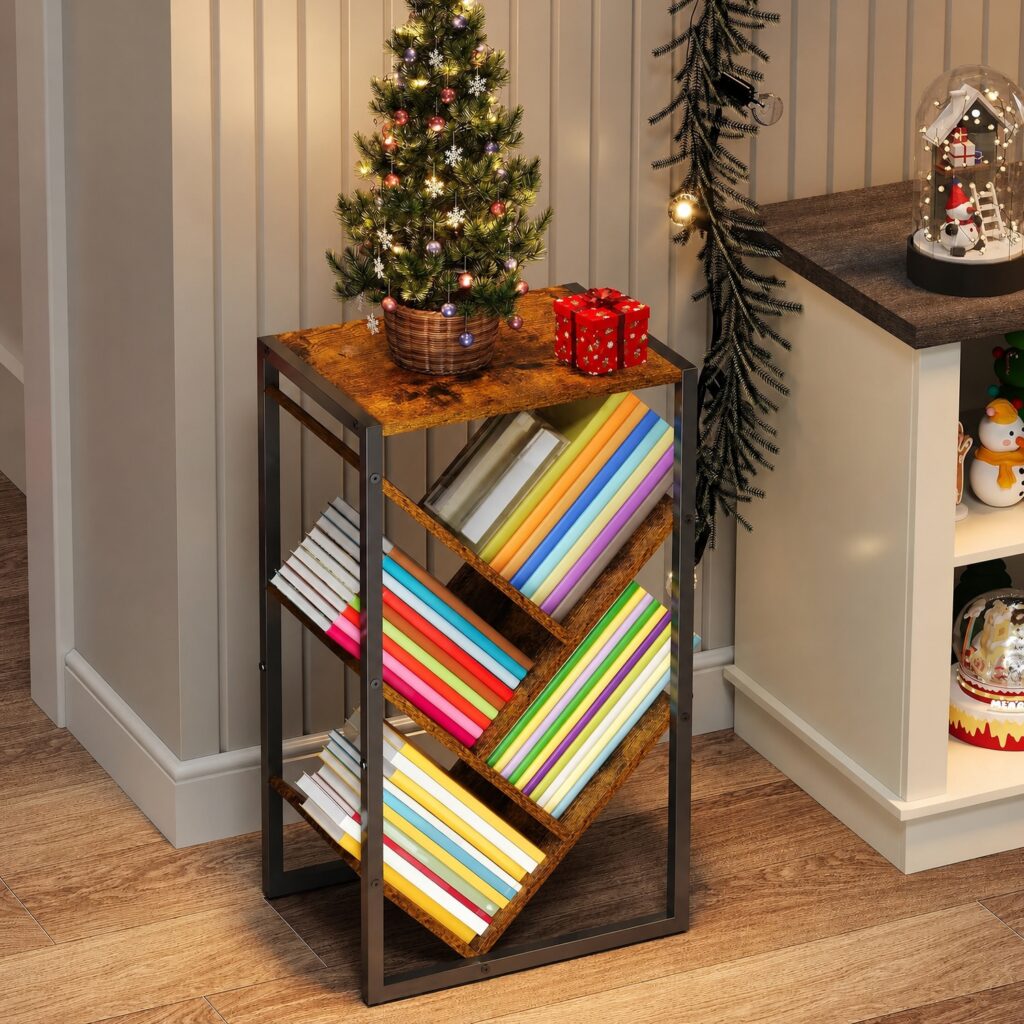 Small 5-Tier Folding Tree Bookshelf - Wooden Standing Bookcase with EVA Pads, Modern Multifunction Storage for Living Room, Bedroom & Home Office