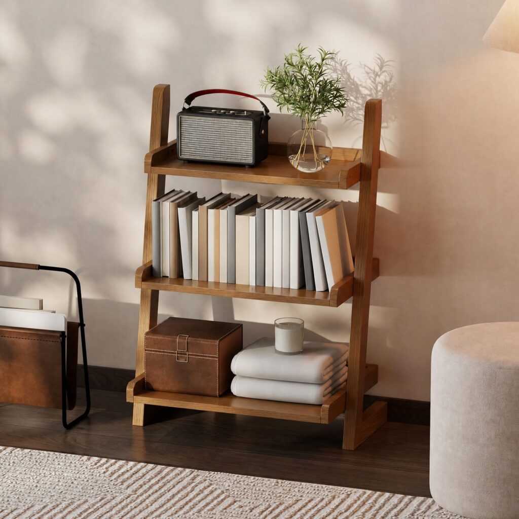 Solid Walnut 3-Tier Ladder Bookshelf - Modern Freestanding Wood Shelf, Mid-Century Standing Storage Rack for Living Room, Bedroom & Home Office, Compact Space-Saving Organizer