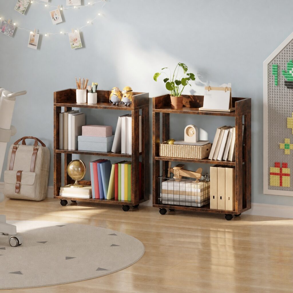 3-Tier Modern Wood Bookshelf on Wheels - Small Freestanding Bedside & Library Cart, Multifunction Rolling Storage Organizer for Living Room, Bedroom & Home Office