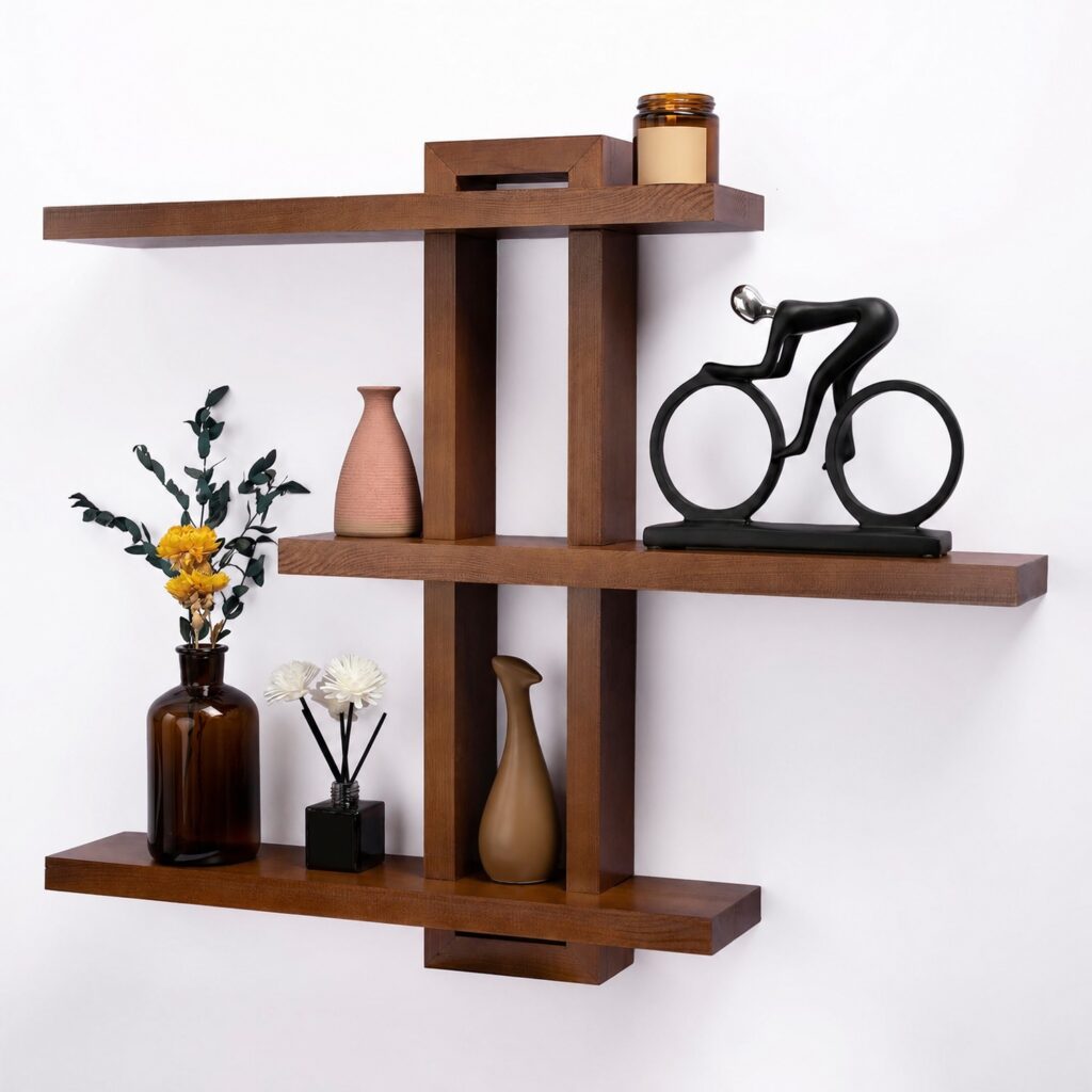 Variable Wood Floating Shelves Set of 3 - Light Walnut Cube Wall Shelves, 28.35" x 23" x 4.3", Modern Rustic Wall Storage for Living Room, Bathroom & Bedroom