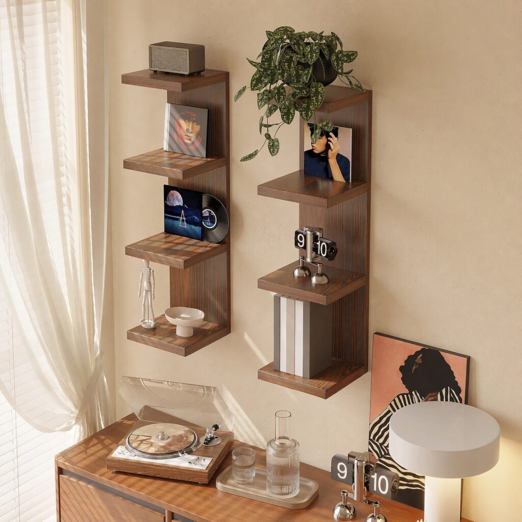Modern Irregular Wood Wall Shelf - Asymmetric Floating Display Rack, Geometric Wall Mounted Bookshelf for Living Room, Bedroom & Home Office, Walnut Finish