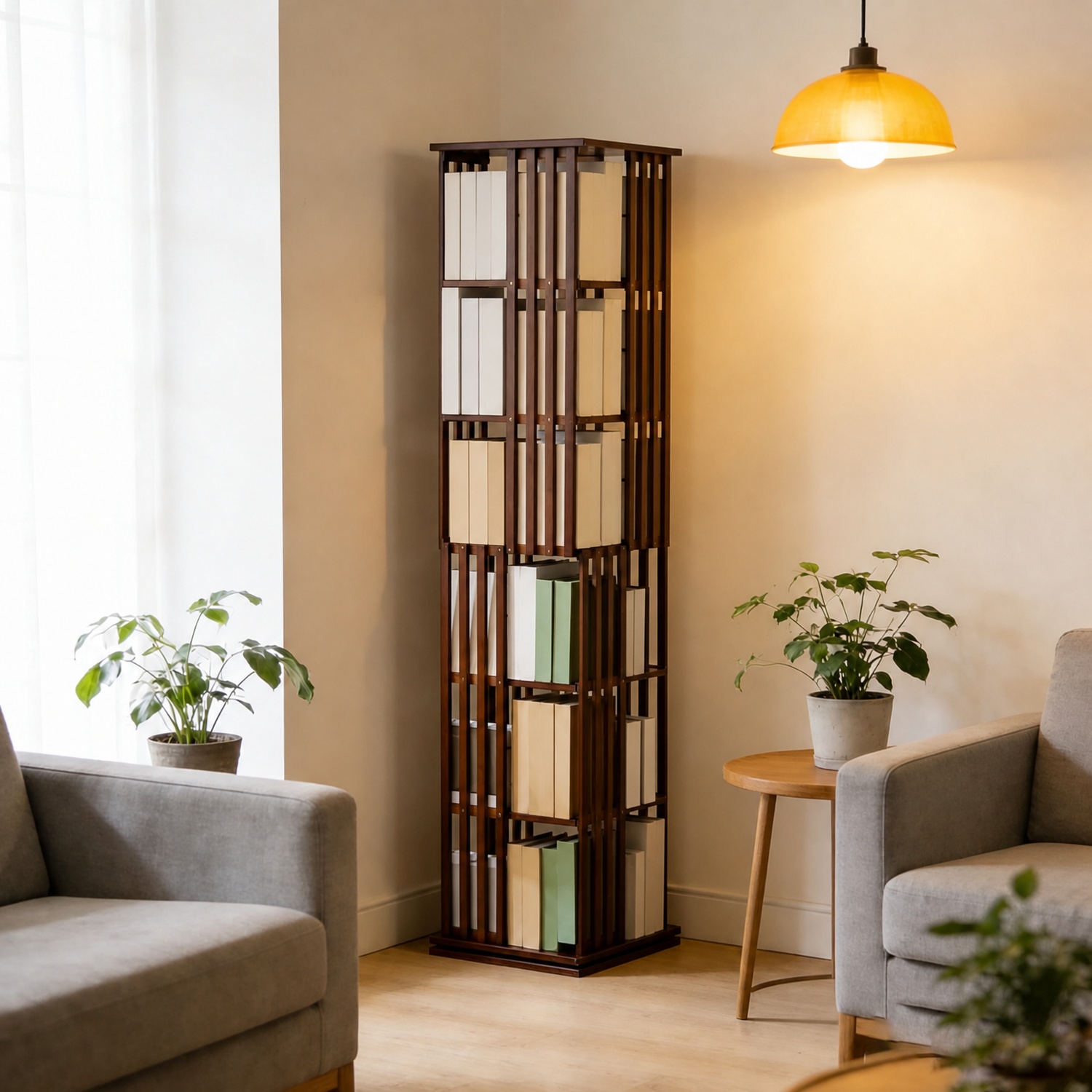 6-Tier Rotating Bamboo Bookshelf - 360° Spinning Bookcase Tower with Wheels, Freestanding Wood Storage Organizer for Living Room, Office & Small Spaces, Natural Finish - Image 2