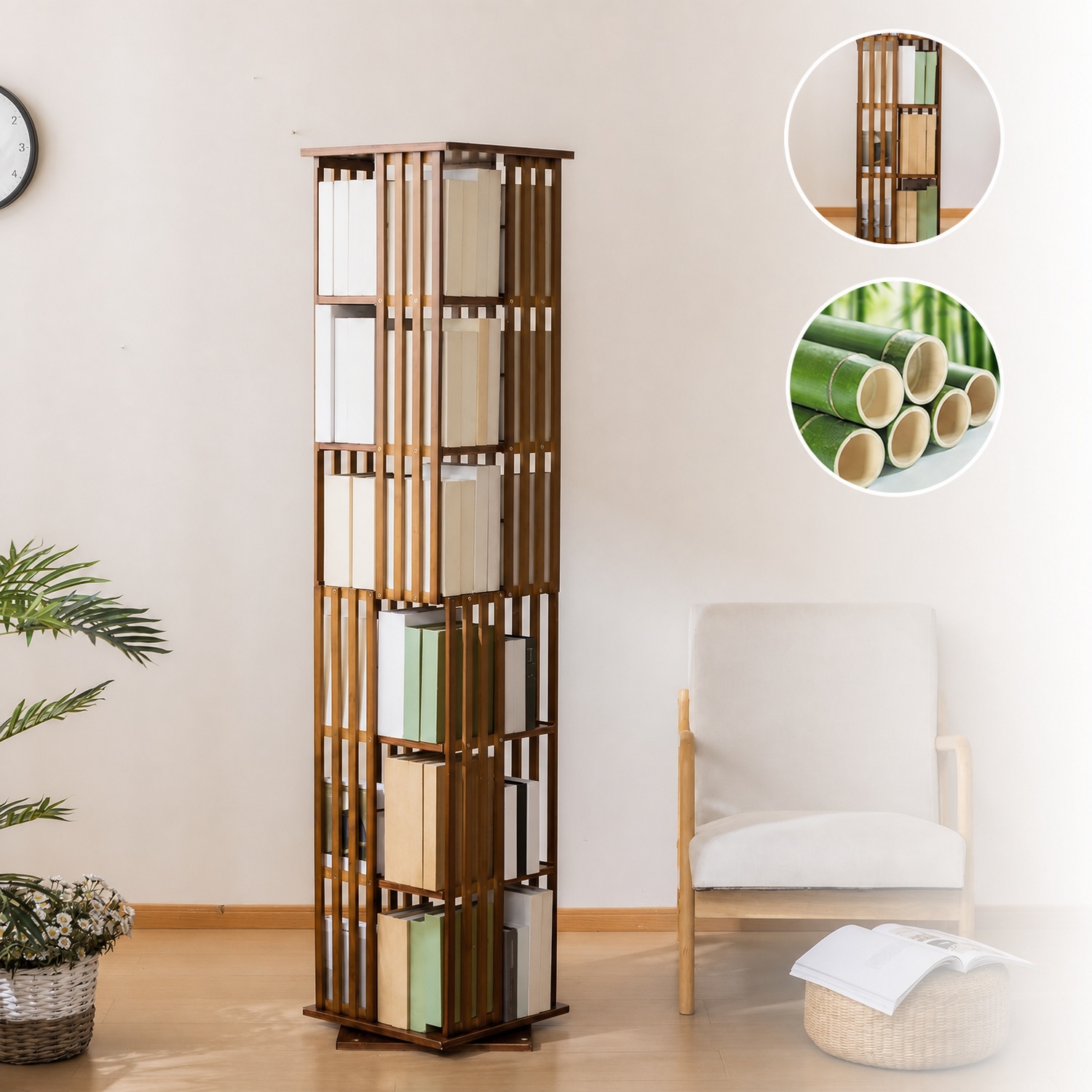 6-Tier Rotating Bamboo Bookshelf - 360° Spinning Bookcase Tower with Wheels, Freestanding Wood Storage Organizer for Living Room, Office & Small Spaces, Natural Finish