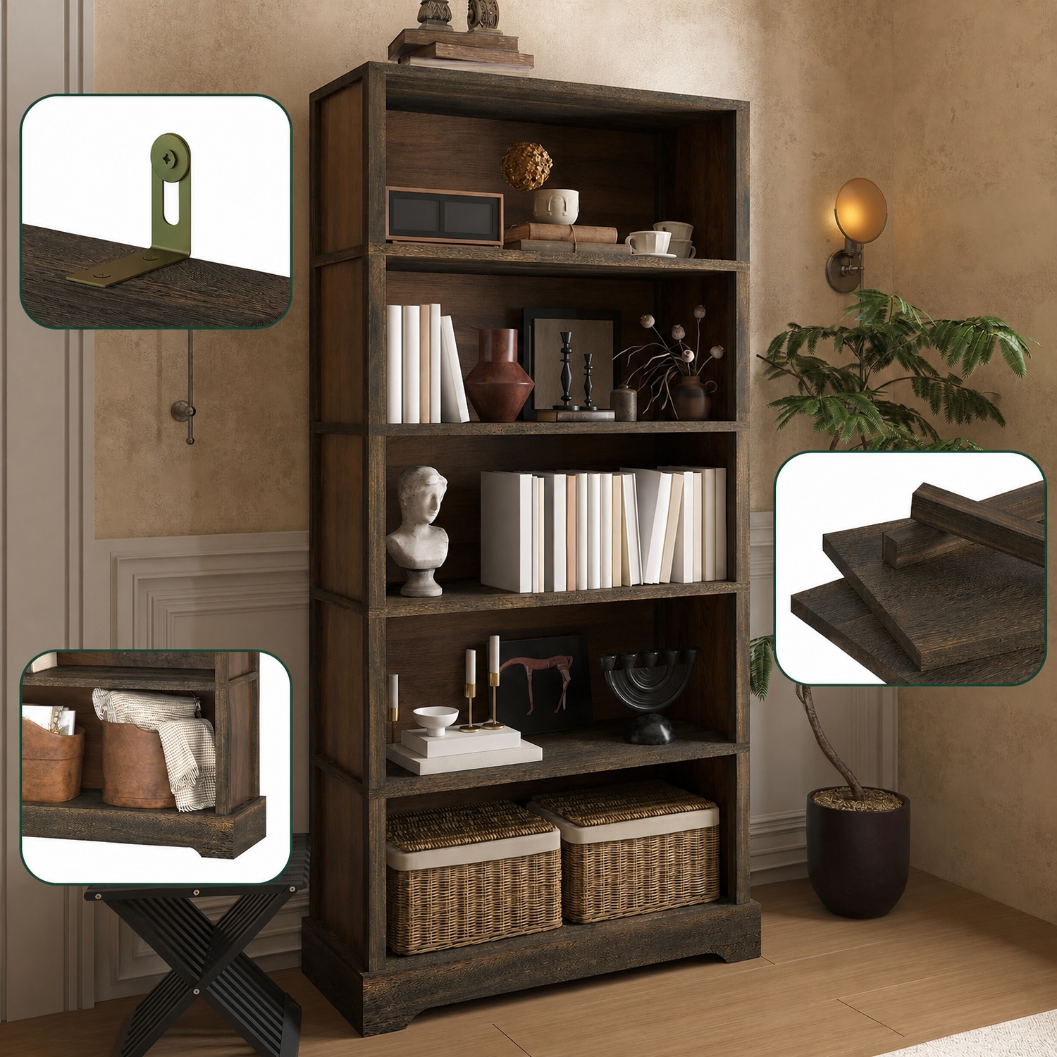 5-Tier Wood Bookshelf 31.5" W x 65.2" H - Walnut Brown Freestanding Open Bookcase, Tall Storage Shelf for Living Room, Bedroom & Home Office