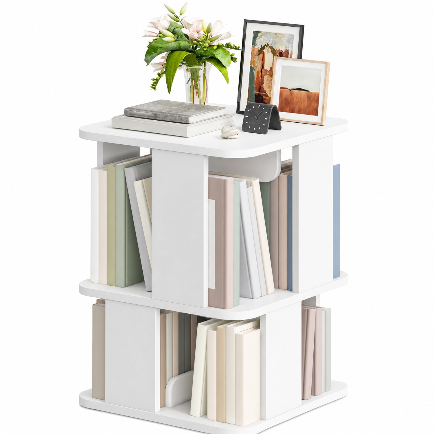 White 2-Tier Rotating Wood Bookshelf 15.7" x 15.7" x 24.5" - 360° Spinning Corner Bookcase, Freestanding Storage Rack for Living Room, Bedroom & Small Spaces - Image 2